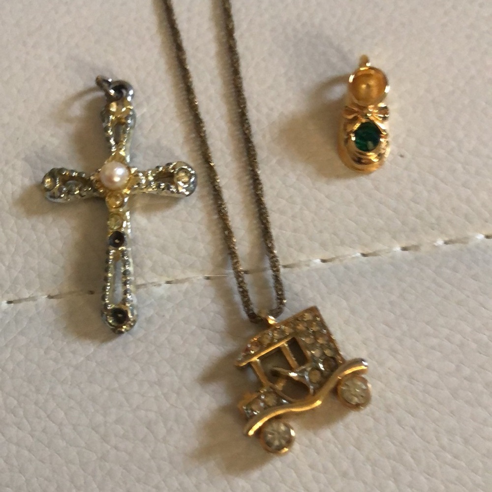 Vintage Necklace 18” with 3 pendants car, cross, and baby boot